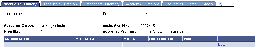 Materials Summary page