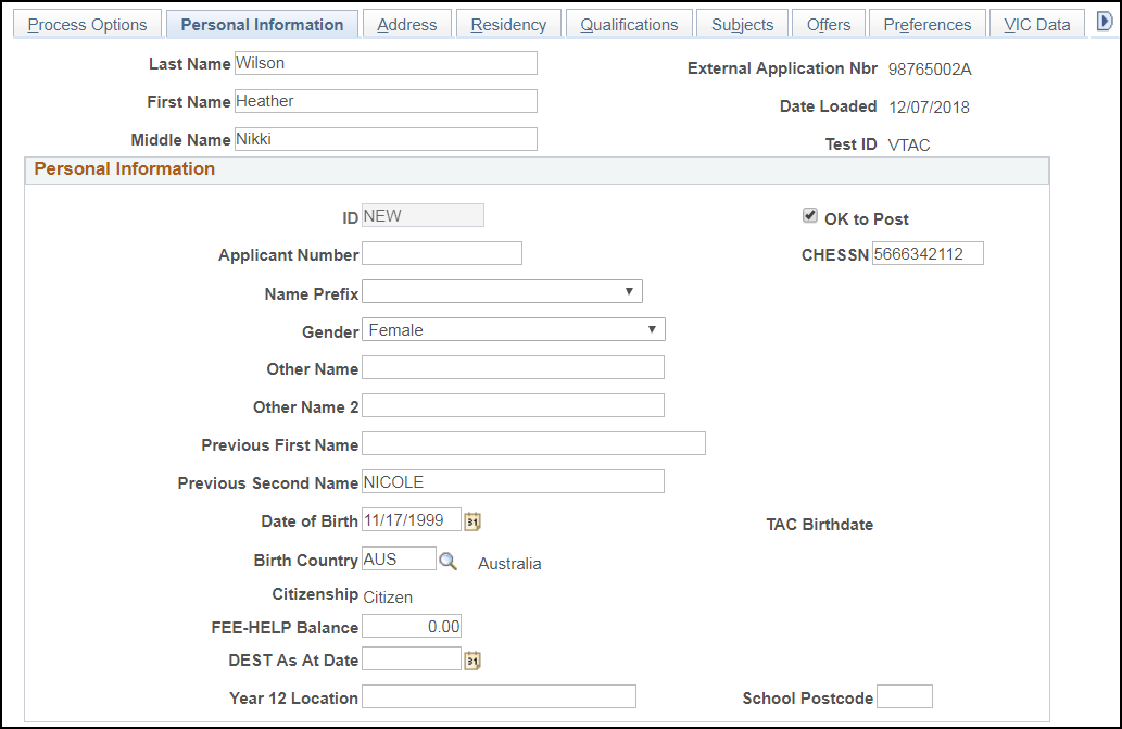 VTAC Personal Information page (1 of 2)