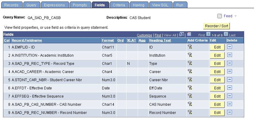 Fields page for the QA_SAD_PB_CASB query