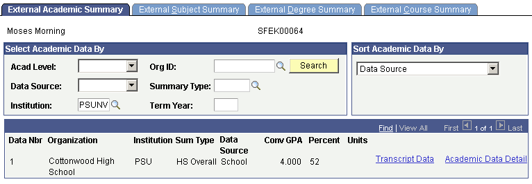 External Academic Summary page