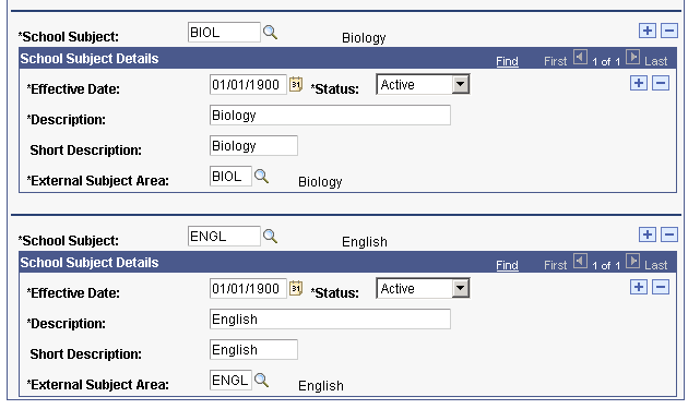 School Subject Maintenance page (2 of 2)