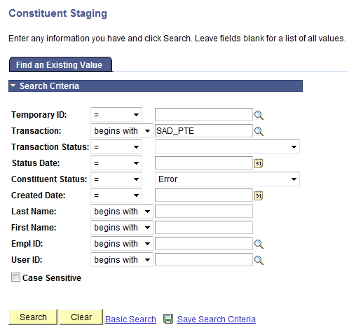 Example of searching for transactions with an error