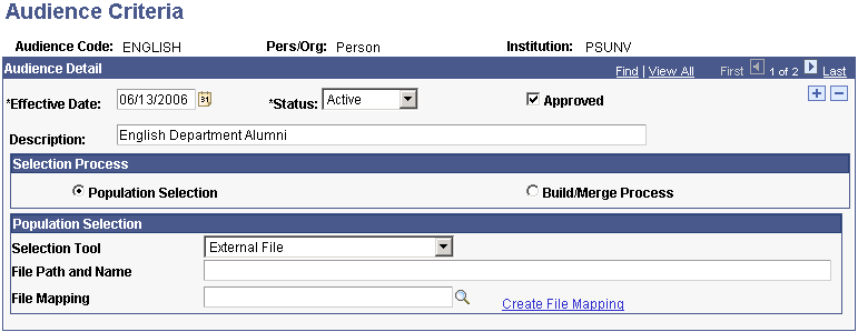 Audience Criteria page using the Population Selection process