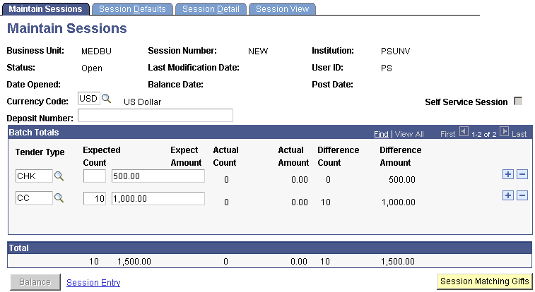 Maintain Sessions page