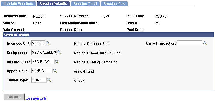 Session Defaults page