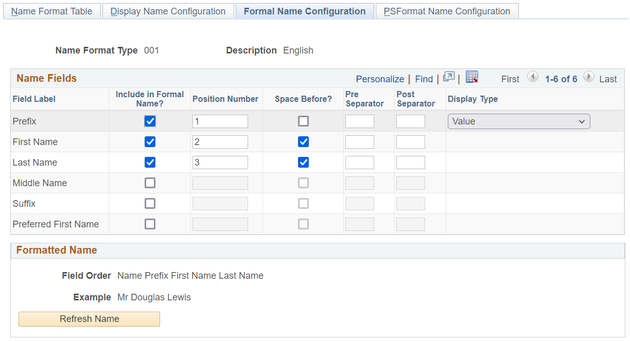 Formal Name Configuration page