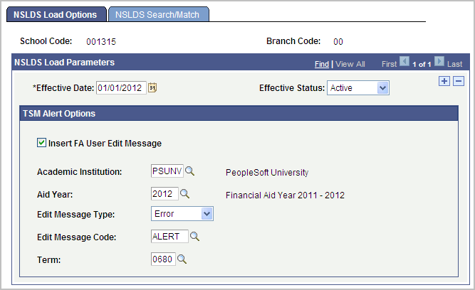 NSLDS (National Student Loan Data System) Load Options page