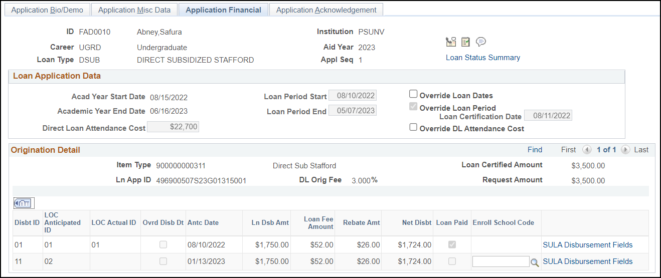 Application Financial page