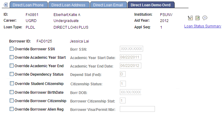 Direct Loan Demo (demographic) Ovrd (0verride) page