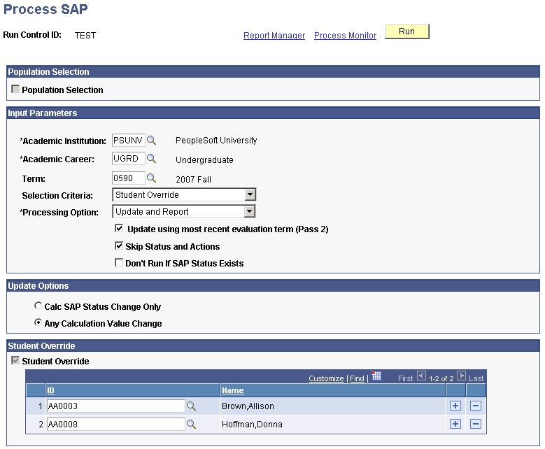 Process SAP (satisfactory academic progress) page