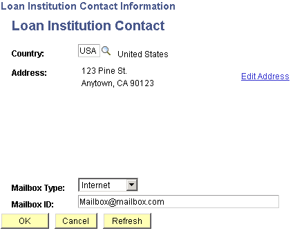 Loan Institution Contact Information page