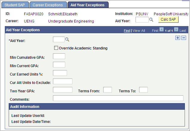 Aid Year Exceptions page