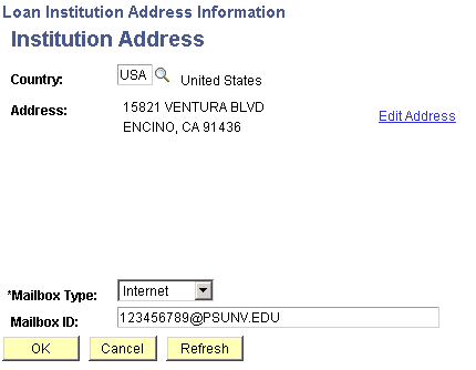 Loan Institution Address Information page