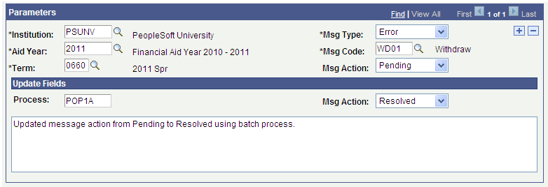 Parameters group box - Update Messages processing mode example