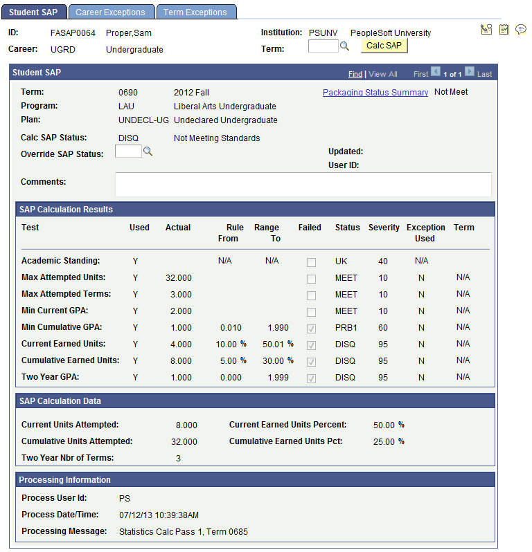 Student SAP (satisfactory academic progress) page