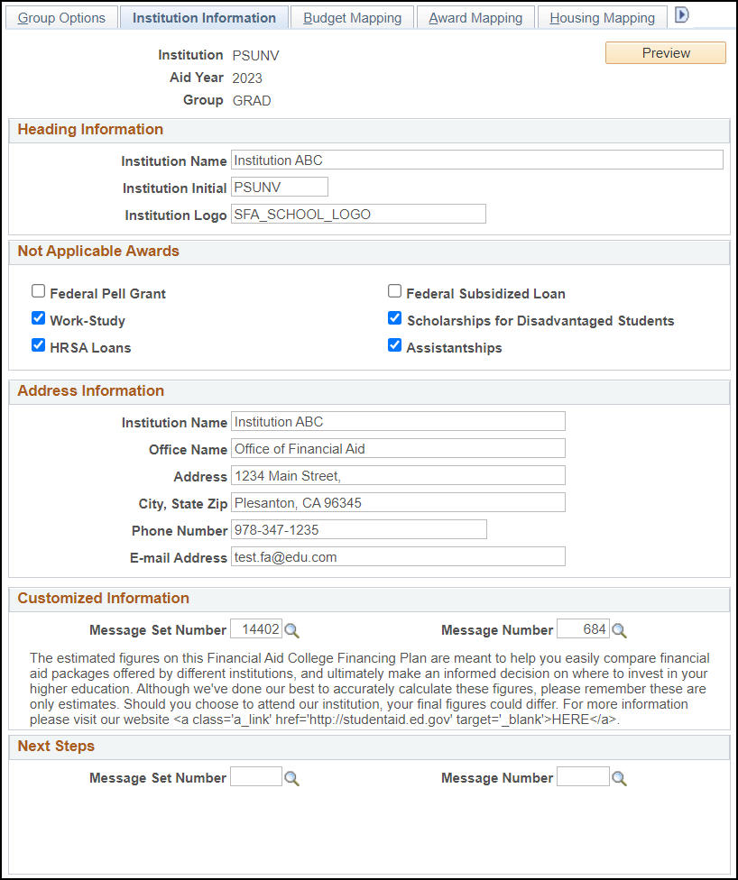 Institution Information page