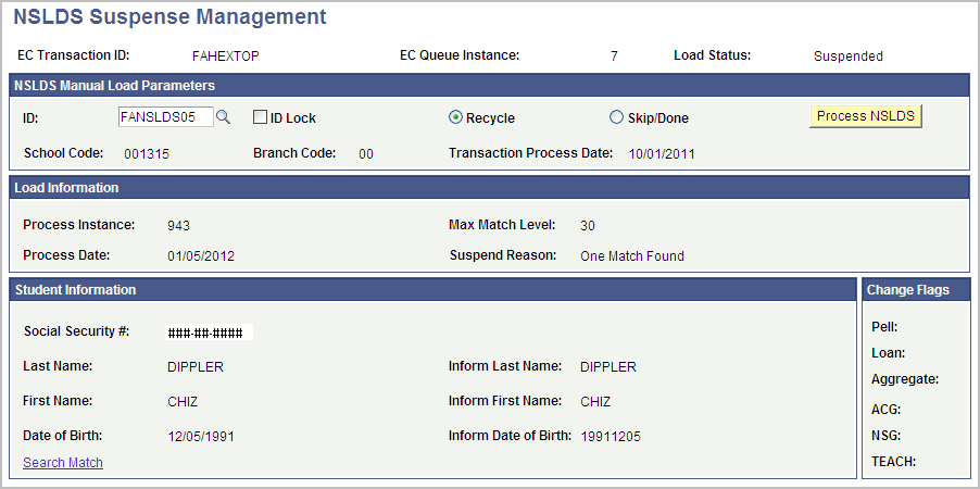 NSLDS (National Student Loan Data System) Suspense Management page