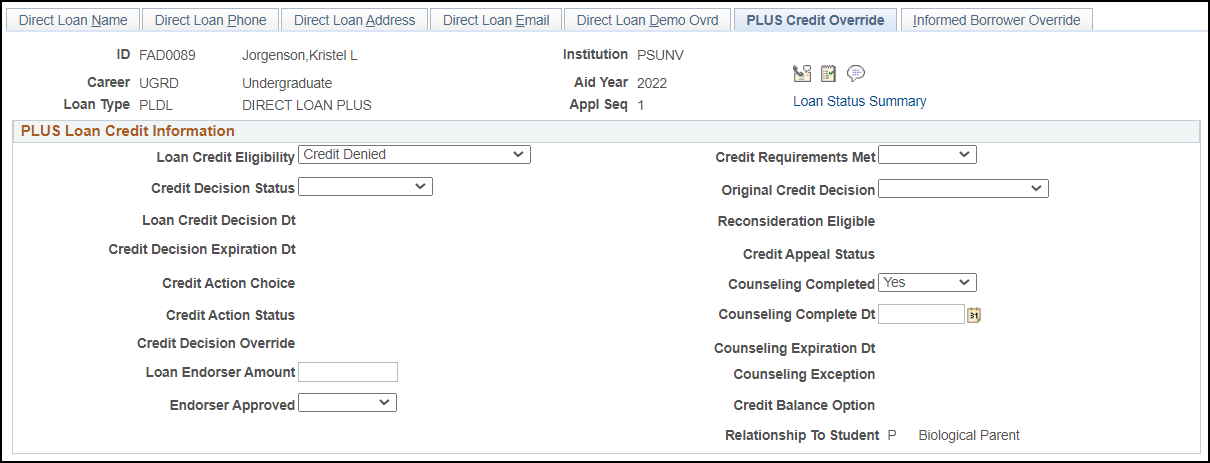 PLUS Credit Override page