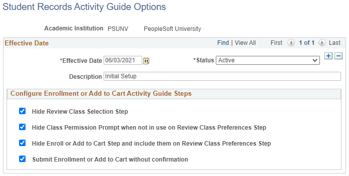 Student Records Activity Guide Options page