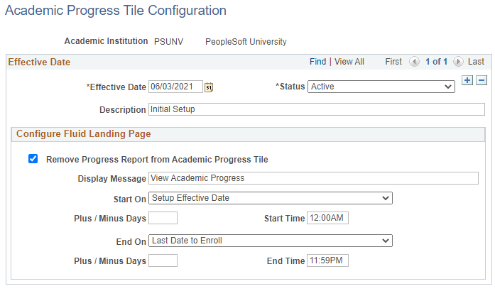 Academic Progress Tile Configuration page