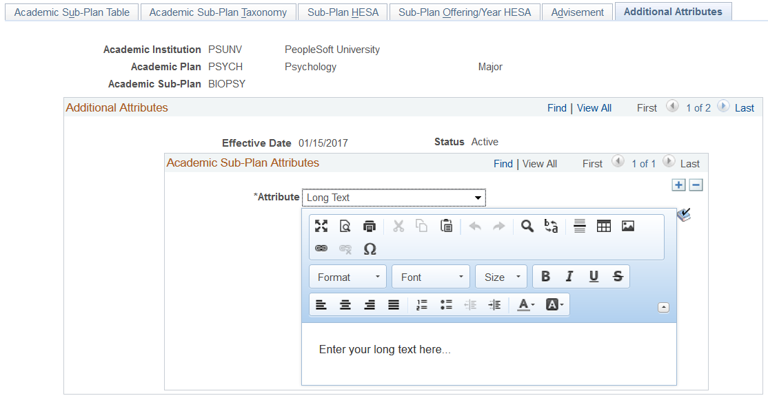 Additional Attributes (Academic Sub-Plan) page