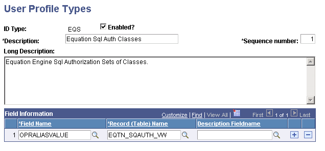 User Profile Types page (EQS)