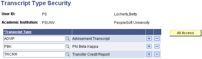 Transcript Type Security page