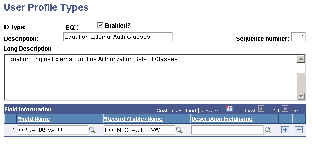 User Profile Types page (EQX)