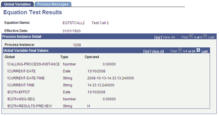 Equation Test Results page: Global Variables tab