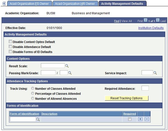 Activity Management Defaults page for academic organizations