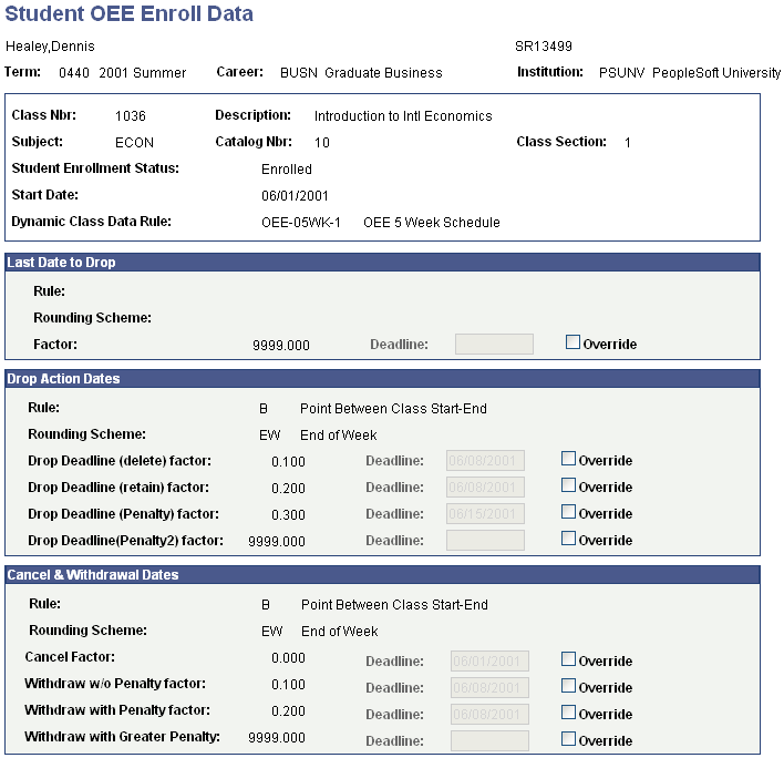 Student OEE (open entry/exit) Enroll Data page (1 of 2)