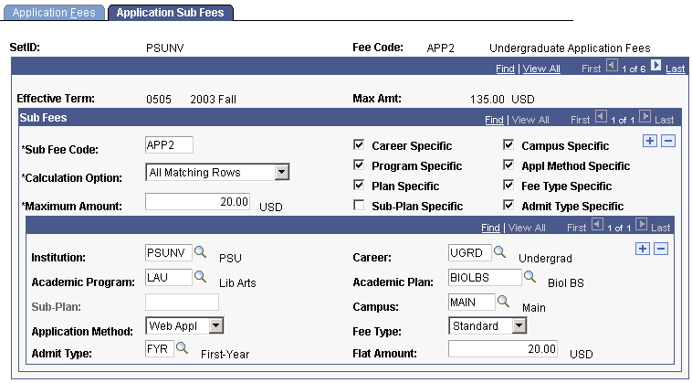 Application Sub Fees page