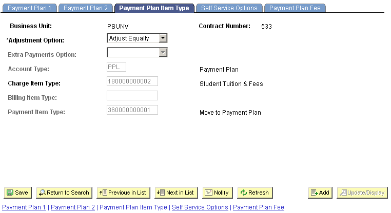 Payment Plan Item Type page