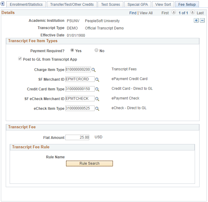 Fee Setup page