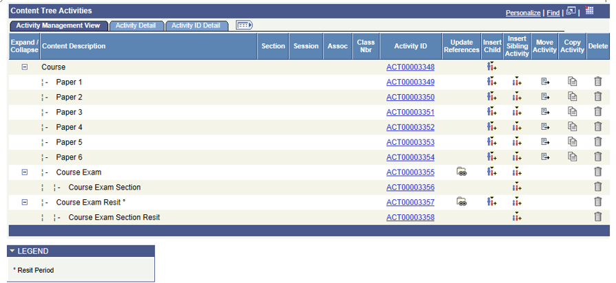 Activity Manager page (5 of 5): Resit Activities