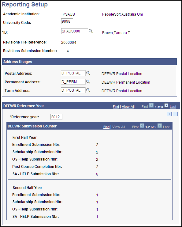 Reporting Setup page