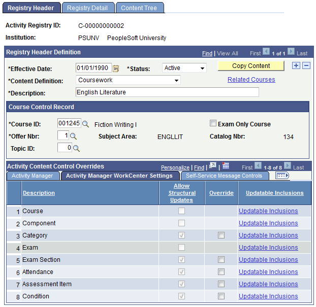 Registry Header page: Activity Manager WorkCenter Settings tab