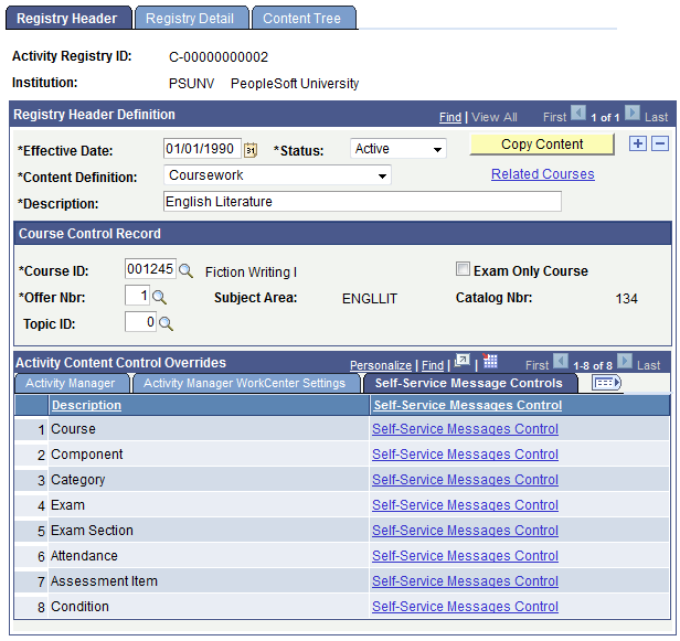 Registry Header page: Self-Service Message Controls tab