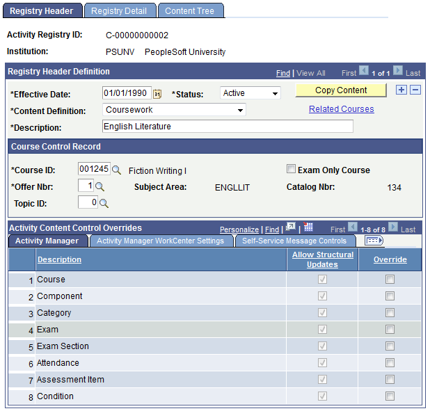 Registry Header page: Activity Manager tab