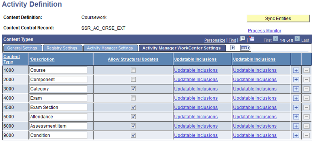 Activity Definition page: Activity Manager WorkCenter Settings tab