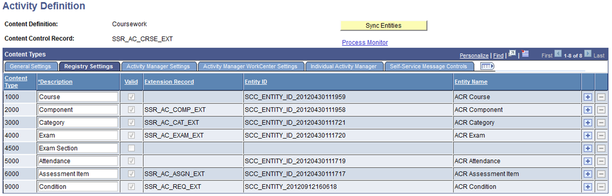 Activity Definition page: Registry Settings tab