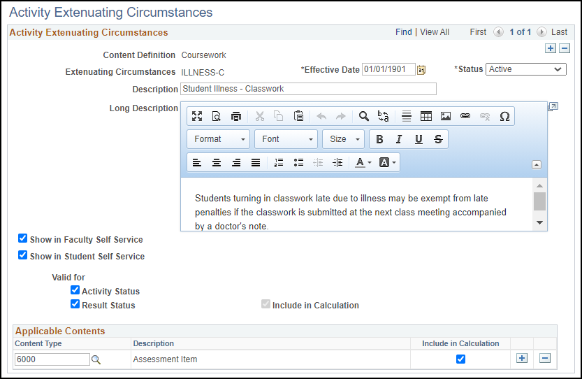 Activity Extenuating Circumstances page