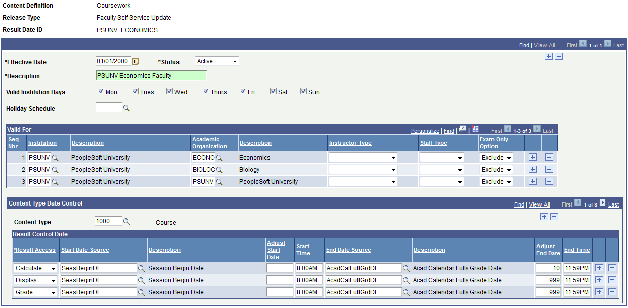 Result Dates page - Faculty