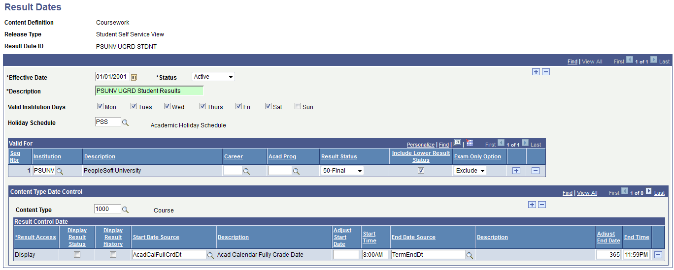 Result Dates page - Student