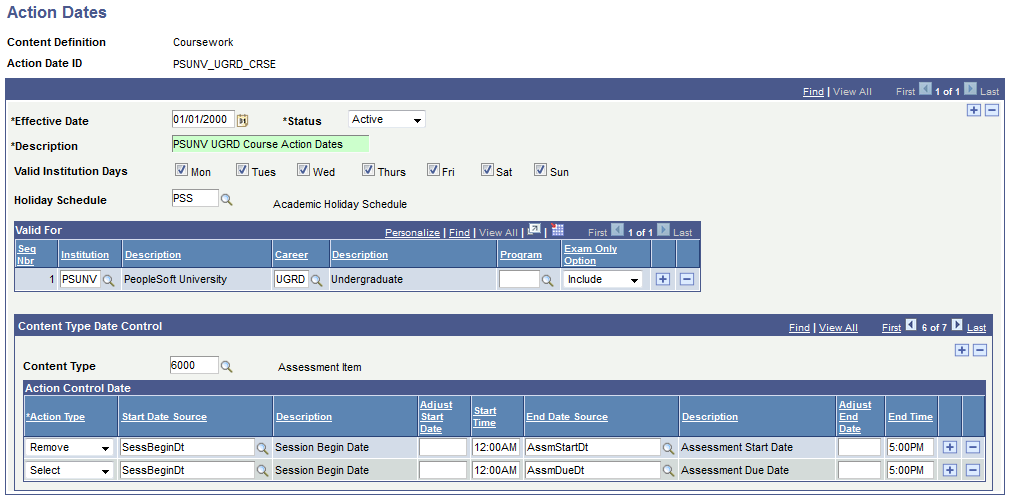 Action Dates page