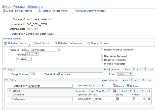 Setup Process Definitions page for Deferral Requests in Self Service Fluid User Interface