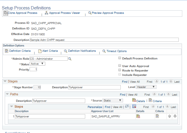 Setup Process Definitions page for Change Program Plan Requests in Self Service Fluid User Interface