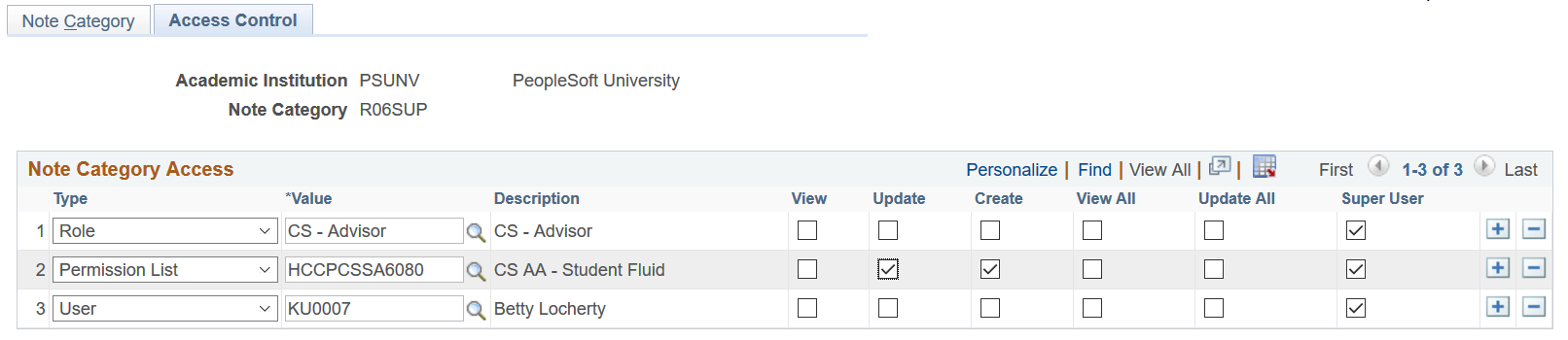 Note Category Access page