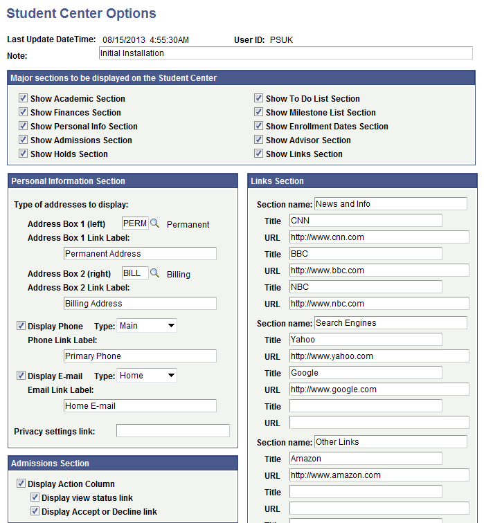 Student Center Options page 1 of 2