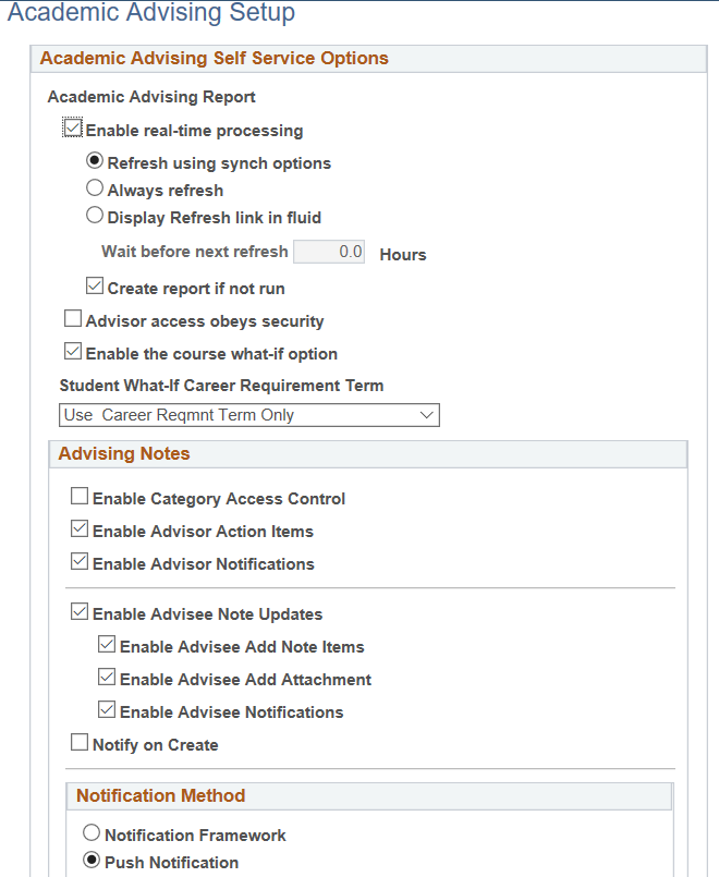 Academic Advising Setup page